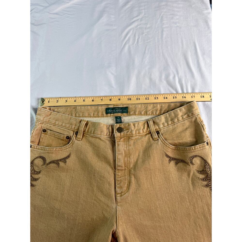 Lauren Jeans Co Ralph Lauren Tan Straight Leg Jeans Rhinestone Scroll Size 14 - Picture 6 of 7